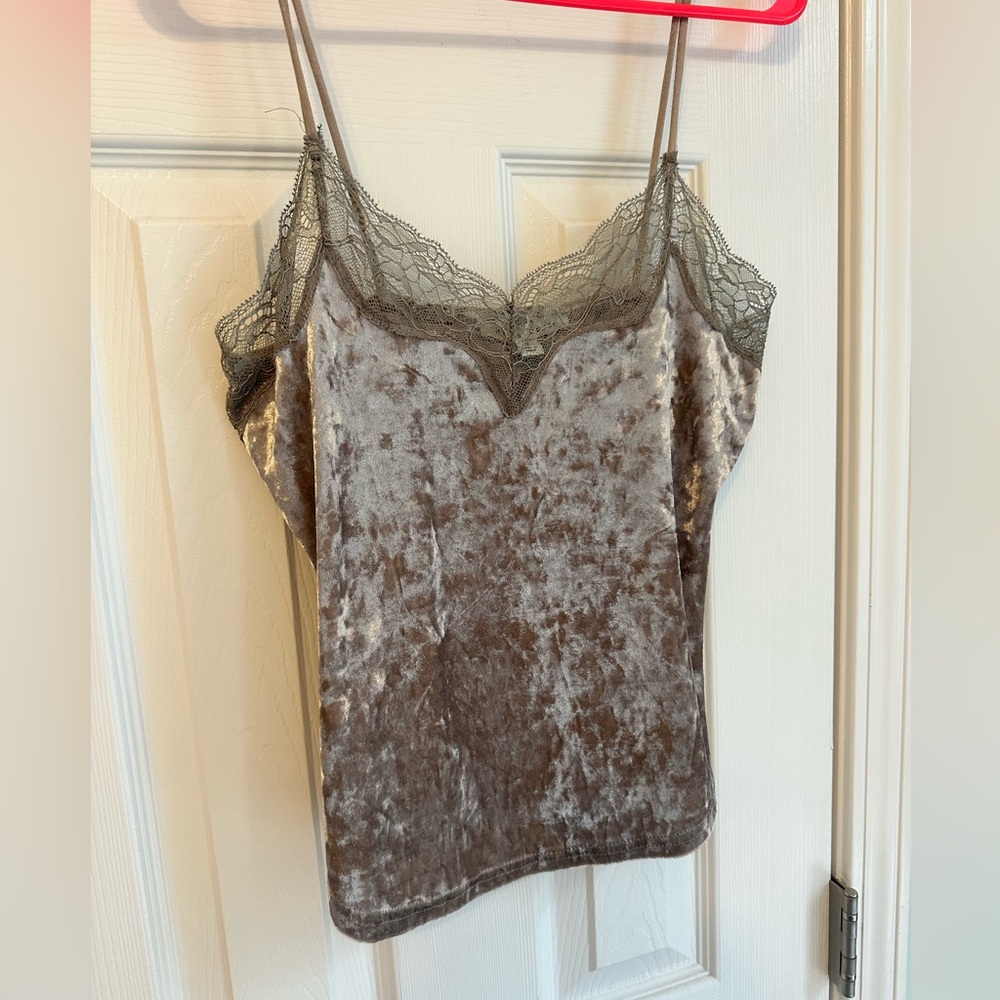 Haute Monde Crushed Velvet and Lace Tank - Taupe Size Small